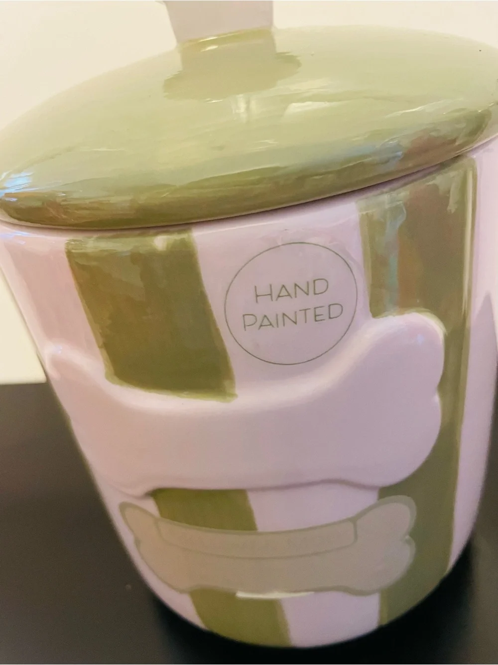 Hand-Painted Green and White Striped Ceramic Treat Jar